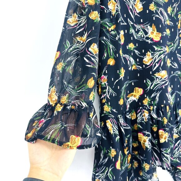 Lea & Viola Navy Blue Multicolor Floral Asymmetric Ruffle Sleeve Blouse Top L - Picture 3 of 9